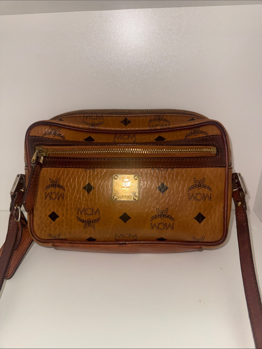 MCM Cognac Logo Visetos Messenger Crossbody